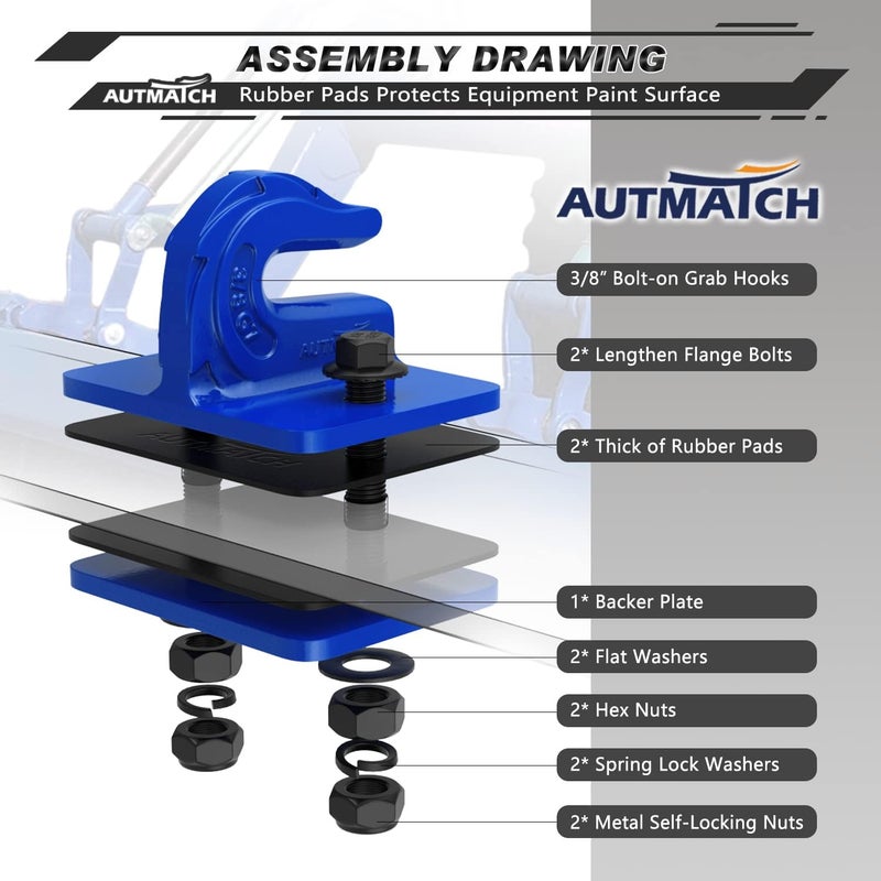 AUTMATCH خطاف دلو الجرار 3/8" (عبوة 2) - خطاف جرار مثبت بالبراغي مع لوحة دعم ووسادات مطاطية، فولاذ مطروق من الدرجة 70 بحد أقصى 18,000 رطل للعمل مع اللودر، دلو الجرار، الشاحنة، أزرق - Image 2
